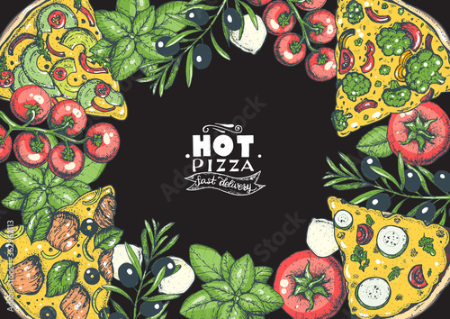 Italian pizza and ingredients top view frame. Colored illustration. Italian food menu design template. Vintage hand drawn vector illustration. Pizza label for menu.