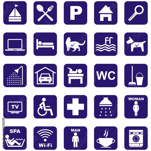 hotel, set icon, isolated vector symbols, white silhouette on blue background