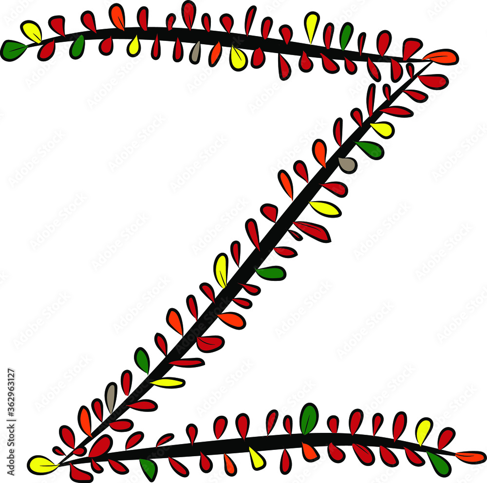 Colorful autumn Latin alphabet. The letter Z is drawn by hand with a brush. Black branches and red, green, orange, yellow leaves. Foliage of a Bush. Vector image. Calligraphy and lettering. Eco,nature