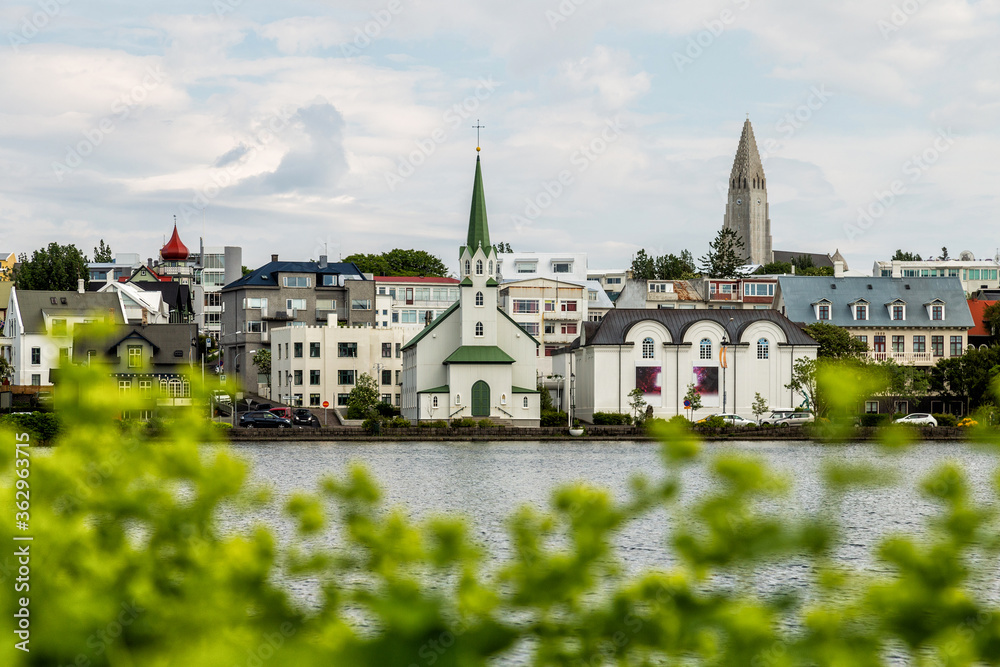 Reykjavik postcard view from the Tjörnin lake viewpoint with Fríkirkjan church