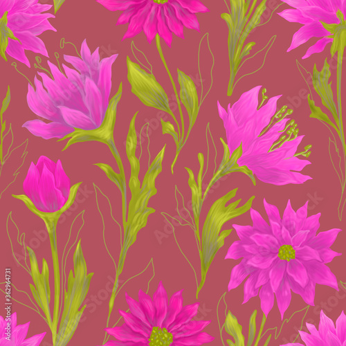 Beautifull seamless pattern with purple dahlia.Botanical illustration. Fabric , textile design.