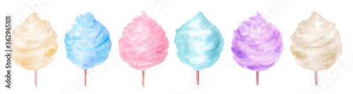 Set of vanilla, mint, strawberry, berry, blueberry cotton candy in a stick vintage watercolor illustration isolated on a white background suitable for food designs © Irina