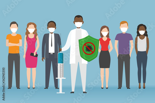 African-American doctor with shield and syringe protect people from coronavirus. Vector illustration.