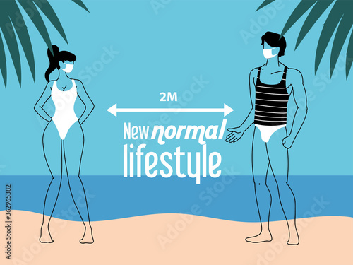 Young couple keeps distance on the beach