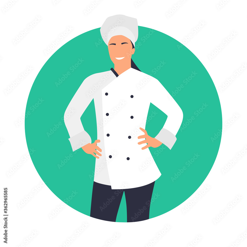 Chef o cocinera con traje de cocina, chaquetilla. Mujer feliz de cocina.  Ilustración estilo dibujos animados vector, restaurante ilustración de  Stock | Adobe Stock