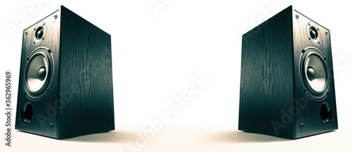 Two sound speakers with free space between them on white background.