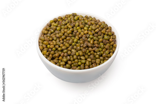 Bowl with dry green beans isolated on white background