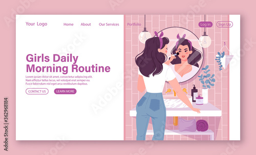 Girls  daily morning routine for web site template. Young woman standing in front of a mirror applies makeup in bathroom. Modern bathroom interior with plants, shelves with care products