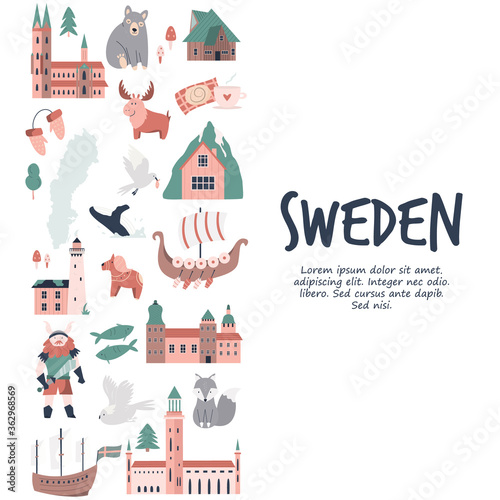 Tourist poster with famous destinations and landmarks of Sweden. Explore Sweden concept image.