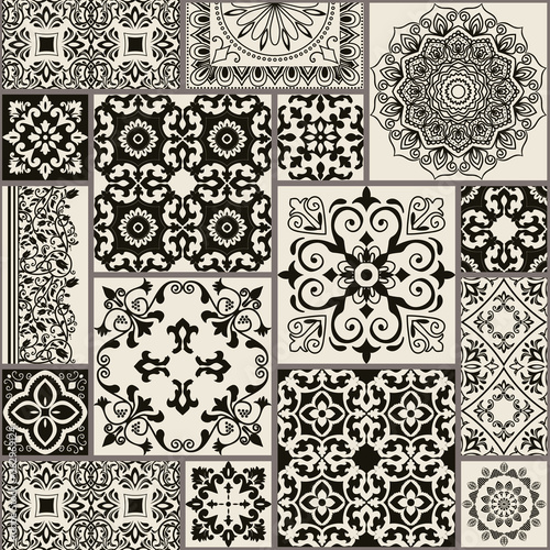 Seamless patchwork tile with Islam, Arabic, Indian, Ottoman motifs. Majolica pottery tile. Portuguese and Spain decor. Ceramic tile in talavera style. Vector illustration