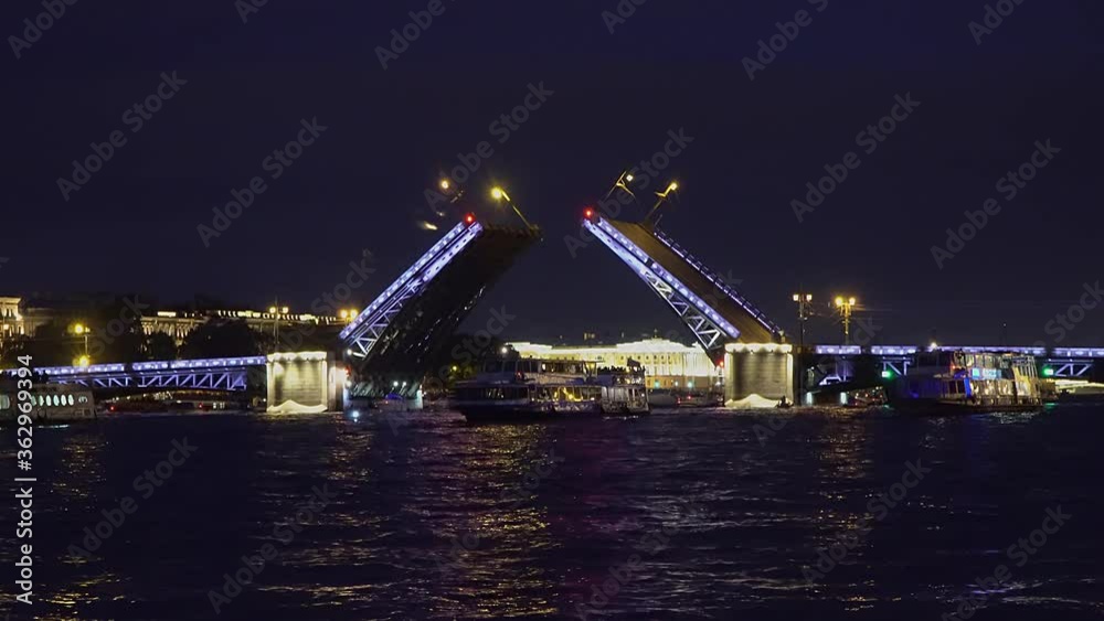 Night views of Saint Petersburg from the Neva river and BRIDGE RAISING Night views of Saint Petersburg from the Neva river and BRIDGE RAISING