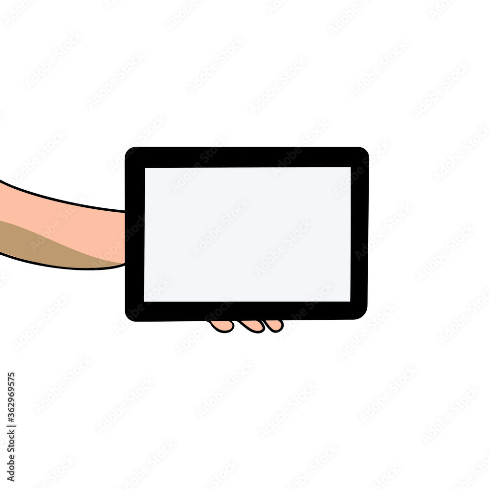 A hand is holding a tablet, vector illustration, print, brochures, websites, web design 