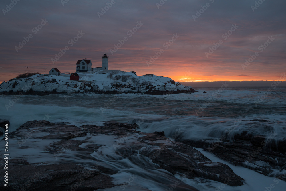 The start of a cold winter morning at Nubble Lighthouse