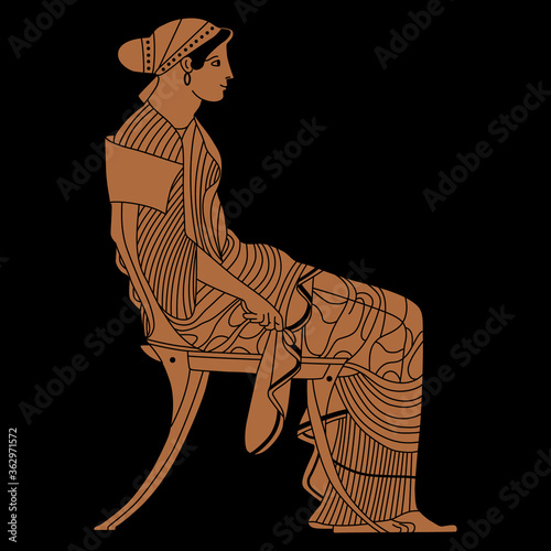 Beautiful ancient Greek woman sitting on chair. Monochrome silhouette. Vase painting style.