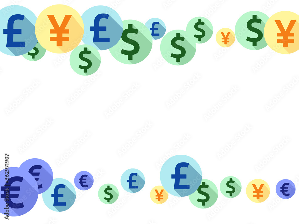 Euro dollar pound yen round signs flying currency vector background. Investment pattern. Currency 