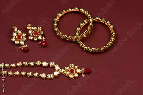 Indian jewellery accessories on background,kundan necklace set, Indian Traditional Gold Jewellery,Indian wedding jewellery