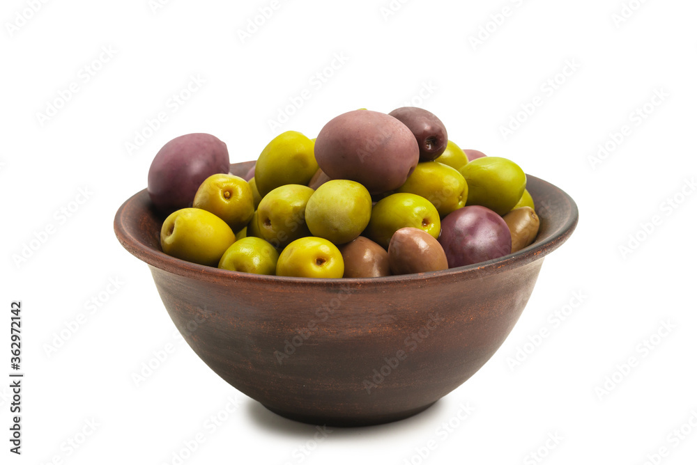 Olives in ceramic brown bowl isolated on white Olives in ceramic brown bowl isolated on white