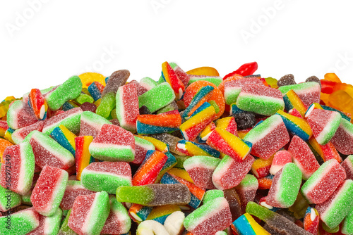 Assorted gummy candies. Top view. Jelly sweets background.