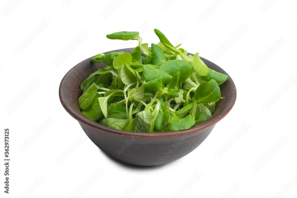 Mash salad in ceramic brown bowl isolated on white. Mash salad in ceramic brown bowl isolated on white.