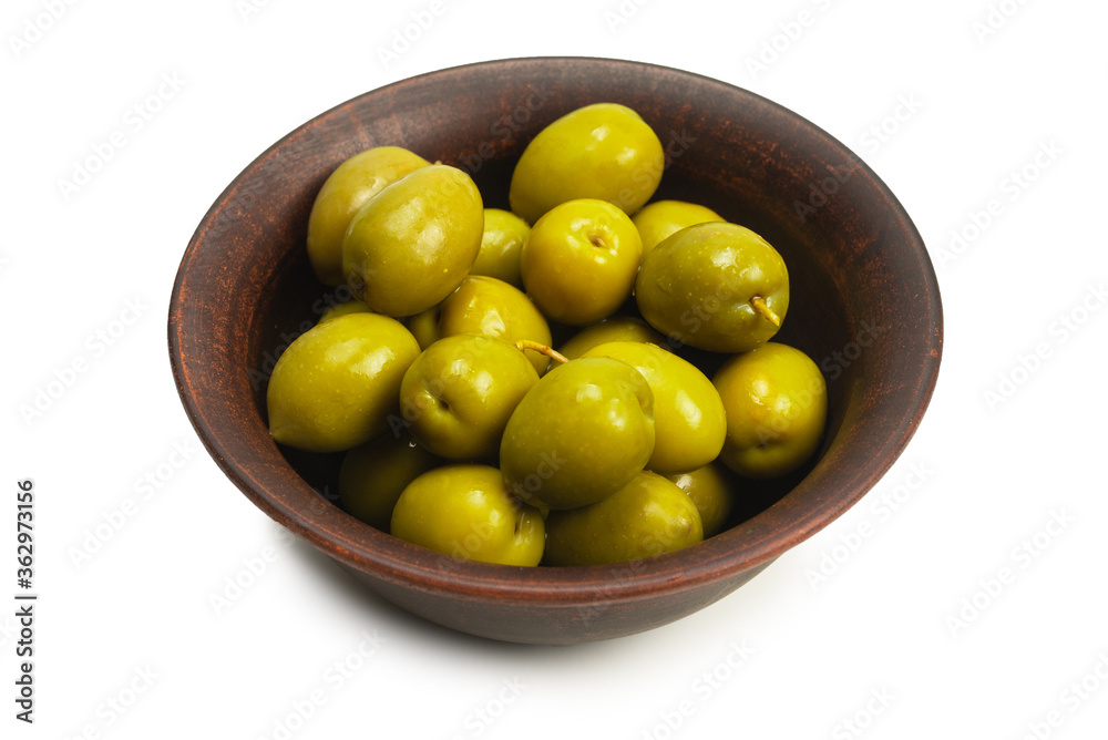 Olives in ceramic brown bowl isolated on white Olives in ceramic brown bowl isolated on white