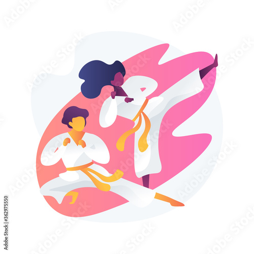 Martial arts school. Karate kick and stance. Kungfu training. Taekwondo practice, jiu jitsu athletes, judo class. Fighters in kimonos. Physical activity. Vector isolated concept metaphor illustration.