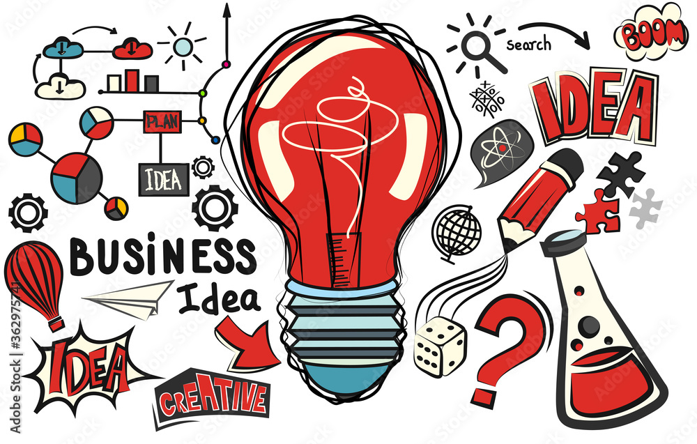 Obraz premium Lightbulb ideas concept doodles icons set and drawing business strategy. Vector illustration.