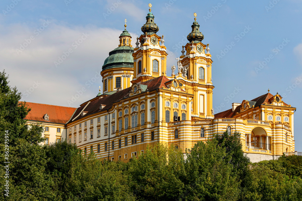The scenic view of Melk abbey. Melk Abbey is a Benedictine abbey above the town of Melk, Lower Austria, Austria, on a rocky outcrop overlooking the Danube river.