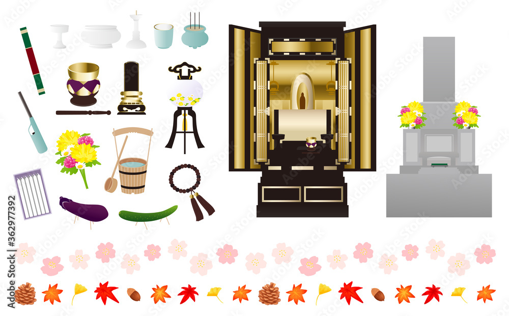 お彼岸 お盆 仏壇 お墓 イラストセット Stock Vector Adobe Stock