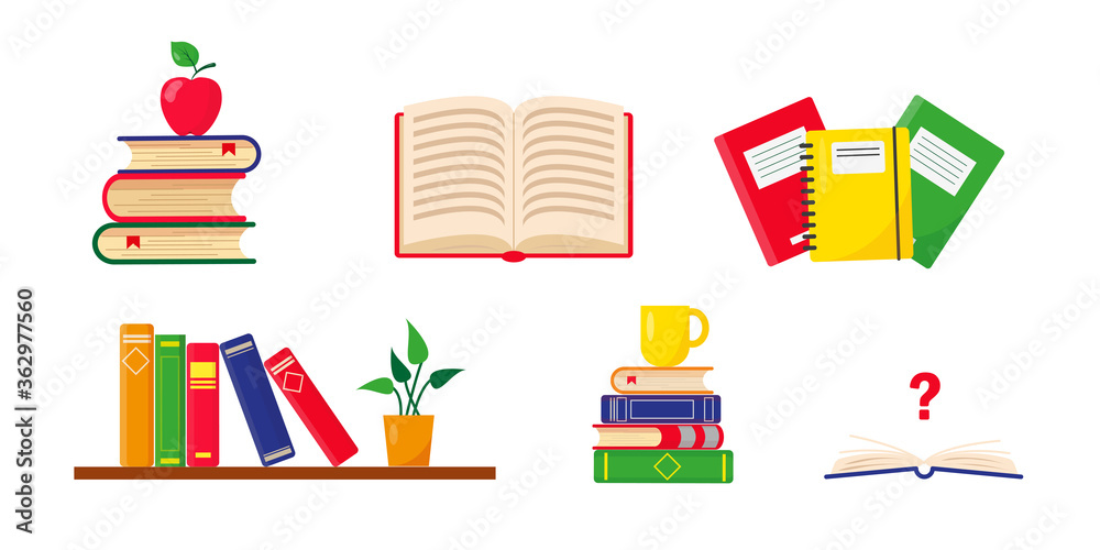 Stacks of books, shelf and school notebooks. Stacks of books, shelf and school notebooks.