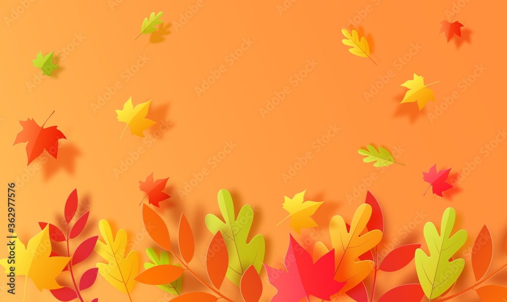 Autumn background in cut paper style. Papercut falling leaves autumn wallpaper. Autumn leaf is cut out of cardboard in green, yellow and orange. Vector card illustration for Thanksgiving day holiday Autumn background in cut paper style. Papercut falling leaves autumn wallpaper. Autumn leaf is cut out of cardboard in green, yellow and orange. Vector card illustration for Thanksgiving day holiday