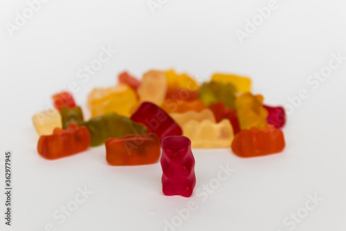 jelly bears on a white table scattered in a circle