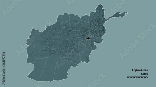 Balkh, province of Afghanistan, with its capital, localized, outlined and zoomed with informative overlays on a administrative map in the Stereographic projection. Animation 3D photo