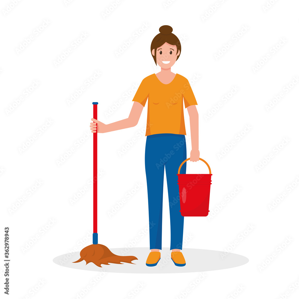 Woman cleaning the floor with a mop and bucket