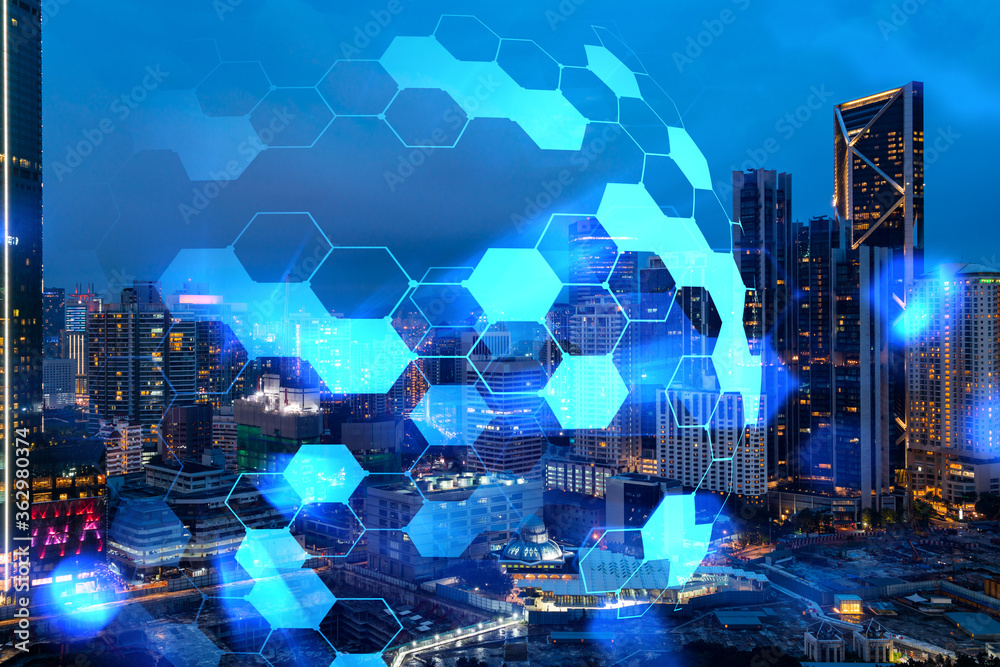 Φωτογραφία Abstract technology icons, night aerial panoramic cityscape of Kuala Lumpur, Malaysia, Asia