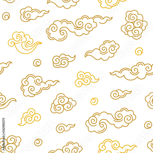 Vector seamless pattern with outline Chinese clouds, design elements, illustration on white background. Cloud. Chinese traditional ornament. Gold colored, flat design style.