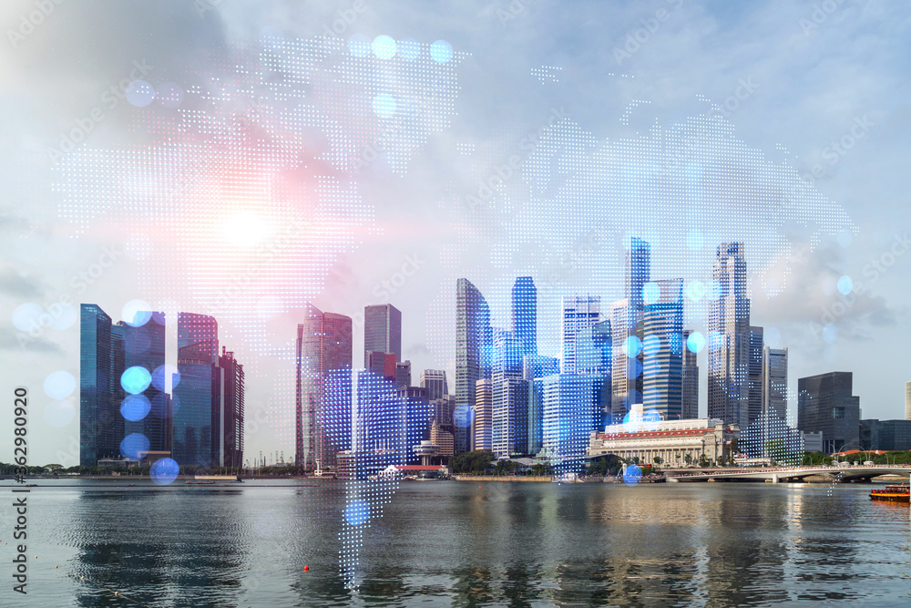 Fototapeta premium World planet Earth map hologram over panorama city view of Singapore, Asia. The concept of international connections and business. Multi Exposure.