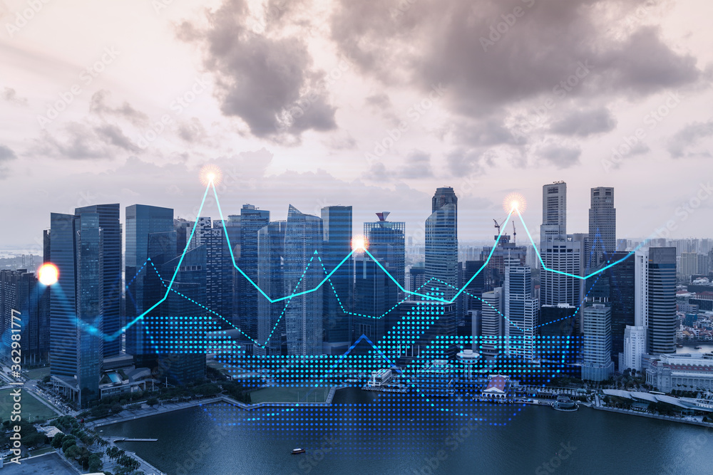 Fototapeta premium Market behavior graph hologram, sunset panoramic city view of Singapore, popular location to achieve financial degree in Asia. The concept of financial data analysis. Double exposure.