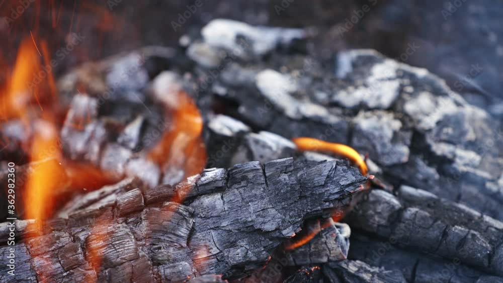 Smoldered logs in fire. Detailed sparkles of flame. Bonfire tongues of flame. Orange fire with bright sparkles. Wood in bright flame. Close-up.