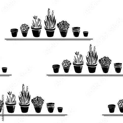 Beautiful silhouette seamless pattern with shelves flowerpots, flower, pot. Black elements on a white background. Art hand drawn vector illustration object. Home, garden, Interior concept or decor.