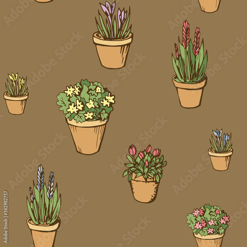 Colorful spring home seamless pattern with color flowerpots, flower, pot on beige brown background. Art hand drawn vector illustration object. Home, garden, interior decor design.