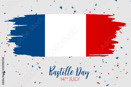Bastille Day. July 14th France national holiday celebration banner or brochure. Blue, white, and red tricolor grunge french flag. Vector illustration with lettering.