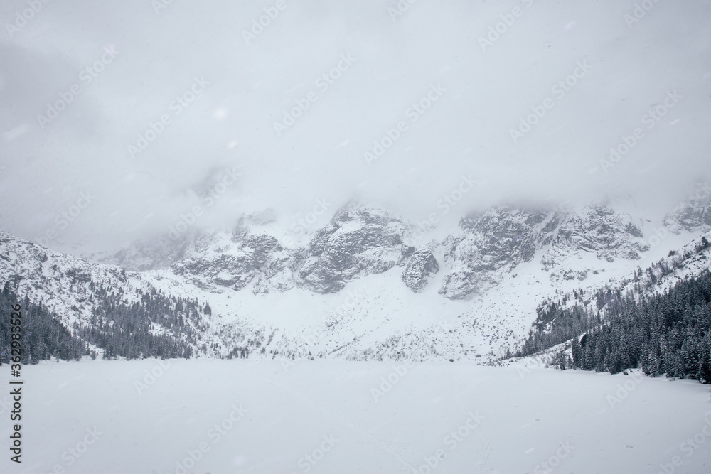 winter view of Morskie Oko. Zakopane Poland during severe snowfall.