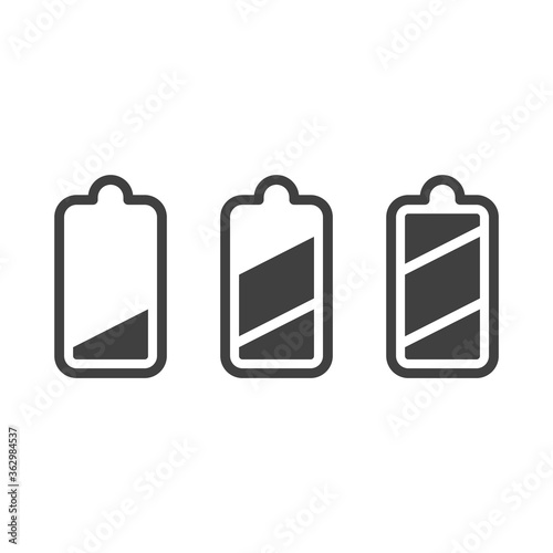 Icon of three degrees of battery charge. Minimalistic neat performance of three batteries in a row with increasing charge level. Isolated vector on a white background.