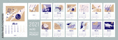 2021   alendar design. Set of 12 months. Week starts on Monday. Monthly Wall Calendar 2021. International paper format A4  A3. Editable calender page template. Abstract artistic vector illustrations.