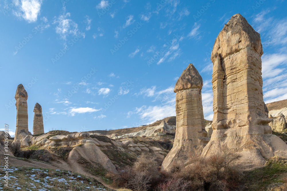 Cappadocia with volcanic rock formations, known as fairy chimneys, Turkey
