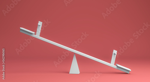 3d rendering, Close up of white seesaw mock up leaning to the right side, on red pink color background.