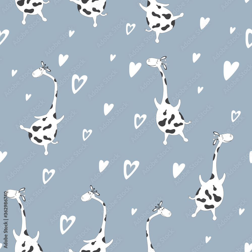 Seamless pattern of cute flying giraffes on the blue sky. Suitable for printing on paper, packaging, and children's textiles. Vector drawn characters in the style of comics