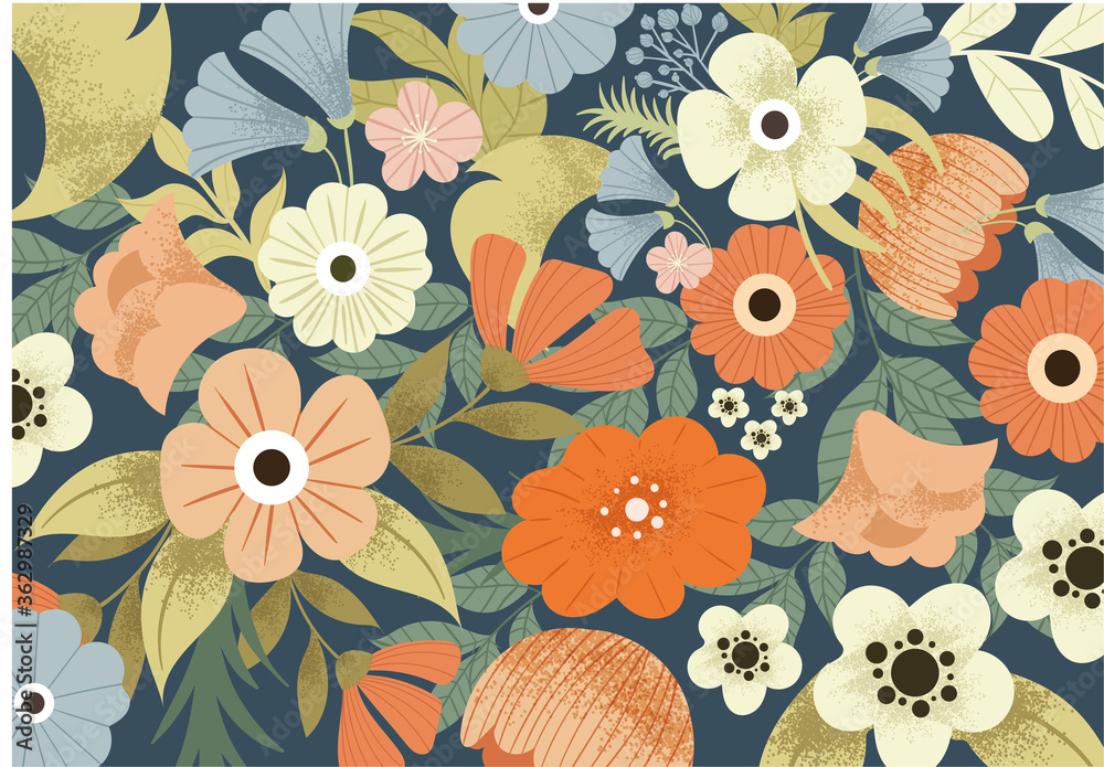 Cute pattern of beautiful spring meadow flowers. Flat vector illustration