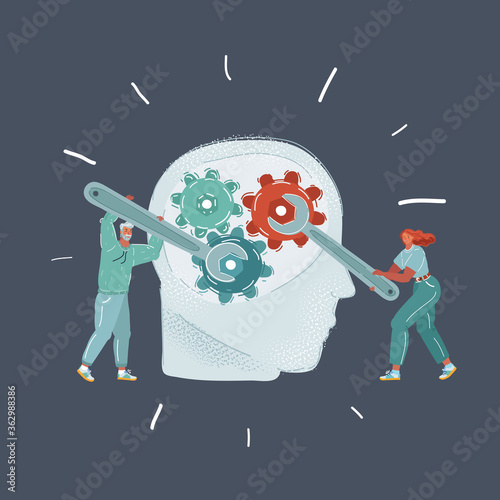Vector illustration of Human head and people with wrench. Mental health. Man and woman try to fix someone mind.