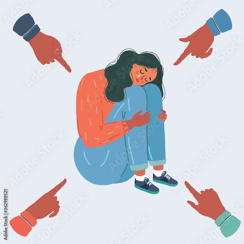 Vector illustration of Teenager student with fear at his school. Bullying of young woman girl on white background. People point they fingers at her.